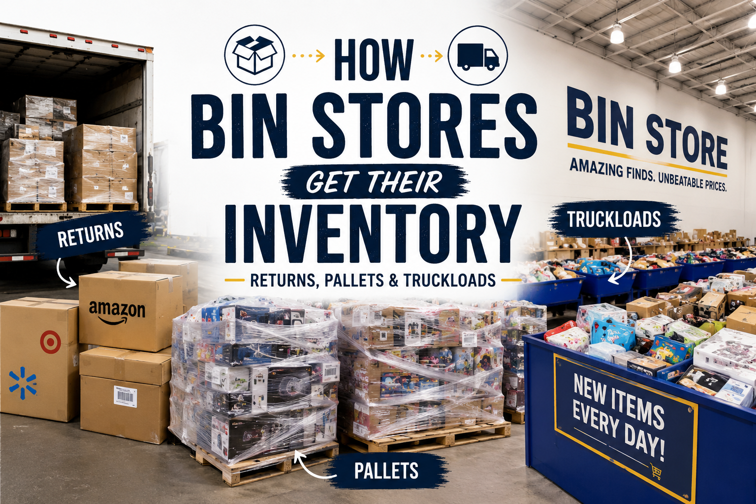 How bin stores get their inventory — returns, pallets, and truckloads