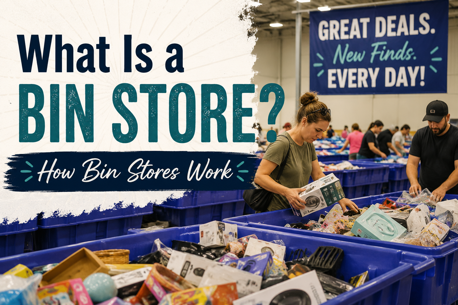 What is a bin store — shoppers digging through blue bins of Amazon returns